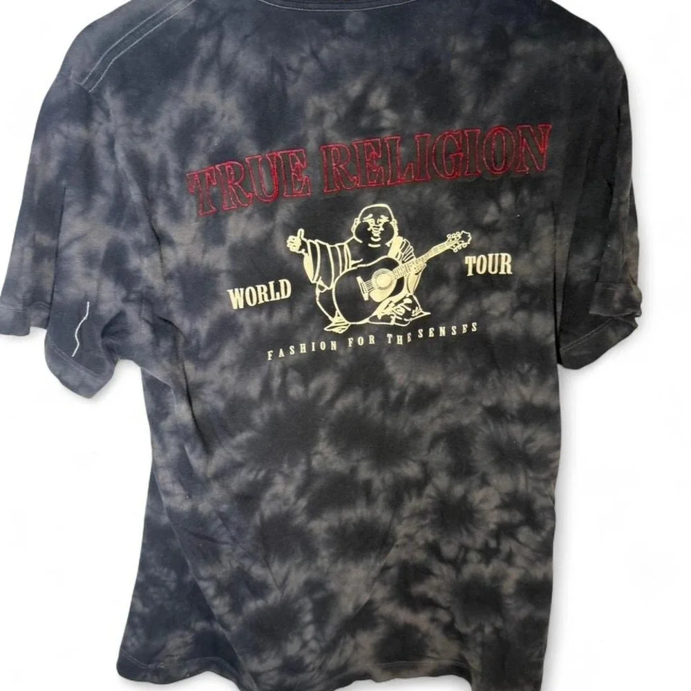 True Religion Mens World‎ Tour Buddha Tie Dye Graphic T-Shirt Black Grey Medium